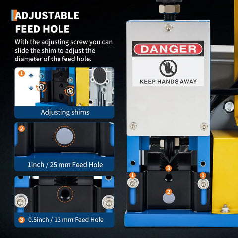 370W High Speed Wire Stripping Machine adjustable feed hole detail with safety warning and adjustable shims.