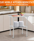 Stainless Steel Prep Table 30 By 30 With Adjustable Undershelf Backsplash And Wheels in a modern kitchen setting