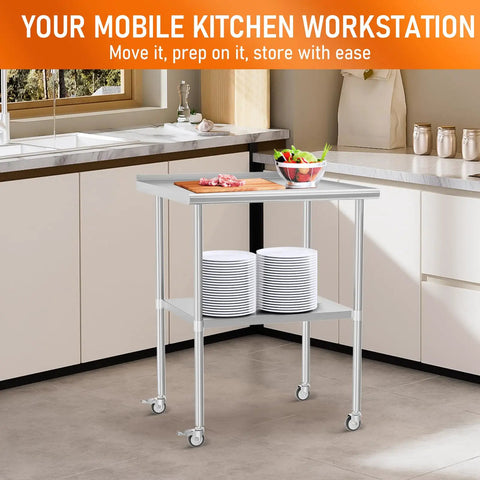 Stainless Steel Prep Table 30 By 30 With Adjustable Undershelf Backsplash And Wheels in a modern kitchen setting