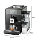 Top Notch Automatic Espresso And Coffee Machine With Built In Grinder and Smart Touchscreen brewing espresso into a glass cup.