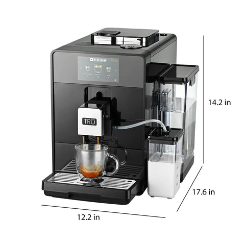 Top Notch Automatic Espresso And Coffee Machine With Built In Grinder and Smart Touchscreen brewing espresso into a glass cup.