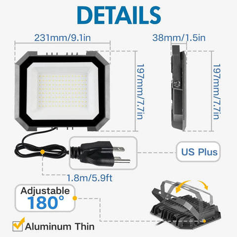 2 Pack 100W LED Flood Lights Outdoor With 10000LM Each, IP65 Waterproof 6000K Exterior Floodlight dimensions and plug
