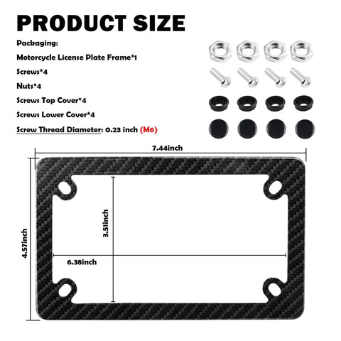 Dope Carbon Fiber Style Stainless Steel Motorcycle License Plate Frame Kit With Trim Pattern Includes Screws diagram