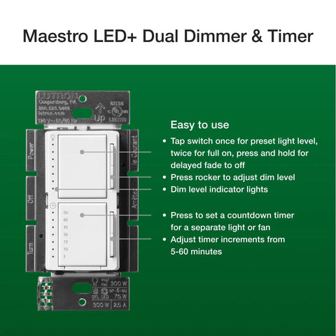 Maestro LED Plus 2 In 1 Dimmer And Timer Switch For Lights Or Fans, Space Saving Stack Design With Top Light Dimmer, Green Background