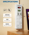 8-Outlet Power Strip With Timer And Auto On Off For Reptile Lighting, wall-mounted with specifications display, 6ft SJT cord.