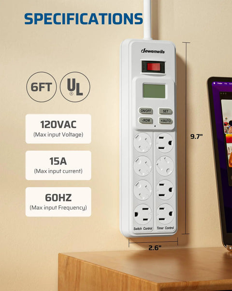 8-Outlet Power Strip With Timer And Auto On Off For Reptile Lighting, wall-mounted with specifications display, 6ft SJT cord.