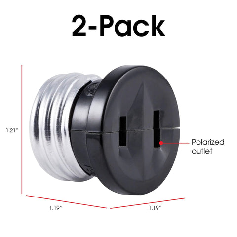 Polarized Handy Plug 2 Pack Light Socket To 2 Prong Outlet Adapter Easy Install UL Listed Black Converter dimensions shown