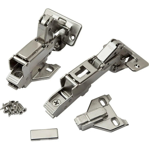 170 Degree Face Frame Cabinet Hinge With Nickel Plated Finish Zero Protrusion Clip On Snap Closing Action shown with screws and parts