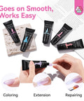 Hema-Free Poly Gel Nail Kit: No Base Needed, 6 Shimmer Colors For Long-Lasting Nail Extensions shown with application steps.