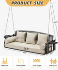 Three Seat Hanging Porch Swing With Cup Holders And Three Back Cushions, Extra Wide 60 Inch Swing Chair With Chains For Deck Garden Backyard Beige Outdoor Ready, showing dimensions and features.