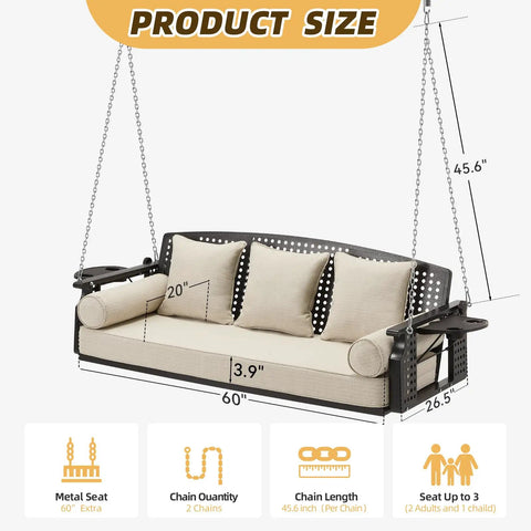 Three Seat Hanging Porch Swing With Cup Holders And Three Back Cushions, Extra Wide 60 Inch Swing Chair With Chains For Deck Garden Backyard Beige Outdoor Ready, showing dimensions and features.