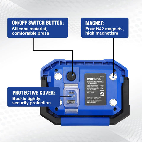 Back view of Beast Mode Brightness Rechargeable Magnetic LED Work Light With Stand showing magnets and on/off button