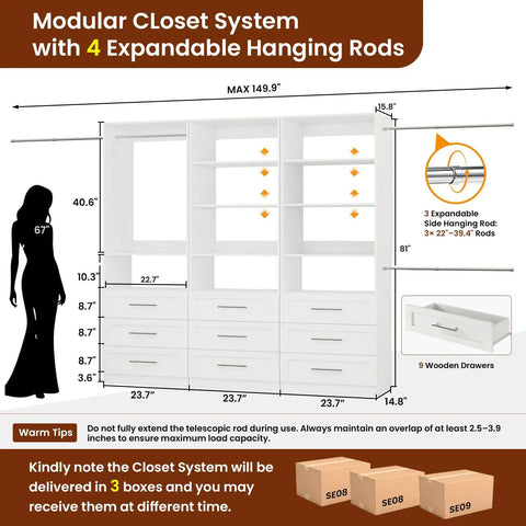 Heavy Duty 3 Piece Closet System With Nine Drawers And Nine Shelves features 4 expandable hanging rods and dimensions for setup.