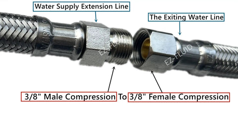 Three Eighths Inch Male To Three Eighths Inch Female Compression Stainless Steel Braided Faucet Extension Line 12 Inch close-up