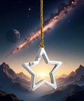 Star Shaped Stainless Steel Keychain Clip Carabiner With Snap Hook And Detachable Key Rings in front of a cosmic landscape.