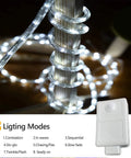 100Ft LED Rope Lights Outdoor With 720 LEDs coiled around pole, control box shown, 8 lighting modes listed, flexible design