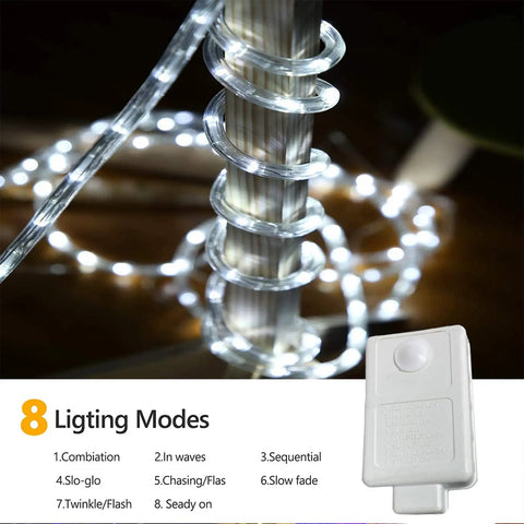 100Ft LED Rope Lights Outdoor With 720 LEDs coiled around pole, control box shown, 8 lighting modes listed, flexible design