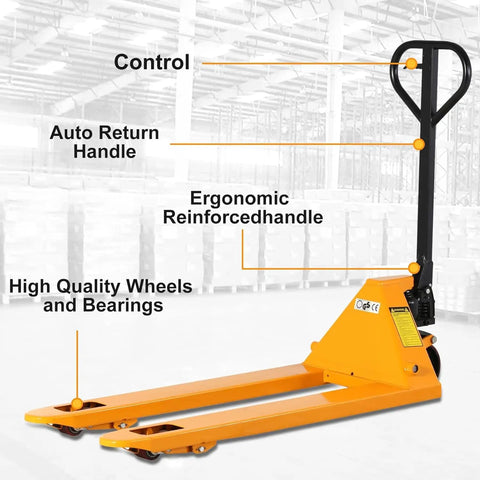 Heavy Duty Hydraulic Pallet Truck With 5500 Lb Payload And Spacious 27 X 48 Inch Forks Built Like A Boss For Tough Warehouse Grind Featuring Greased Up Nylon Wheels And Snap Action Valve For Easy Peasy Hauling