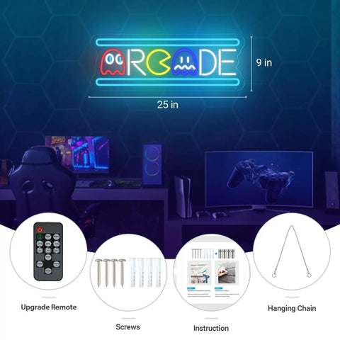 Large Arcade Neon Sign 25 Inches Upgraded Retro Ghost Arcade LED Light Handmade Aesthetic Night Lamp setup in game room, remote, screws, instructions and hanging chain