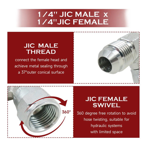 Top Notch Quality Three Eighth Inch Hydraulic Hose Pipe Fitting Has Five Stainless Steel 90 Degree Elbows With Male Jic Swivel Link To Female Jic Port Designed For Heavy Work On Cars Trucks And Boats Maintains Zero Leaks. 1/4 inch stainless JIC male to female swivel elbow fitting