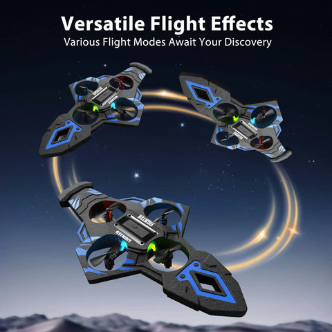 Three Flying Sword RC Airplane Gesture Control Drones performing stunts in a night sky, showcasing versatile flight effects.