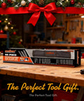 HORUSDY 40-piece reciprocating saw blade set for wood and metal with organizer pouch on a workbench.