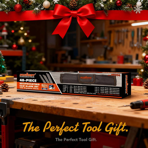 HORUSDY 40-piece reciprocating saw blade set for wood and metal with organizer pouch on a workbench.