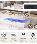 47.2 Inch Lift Top Coffee Table With LED Lights And Charging Station showcasing hidden storage and USB ports, modern white design
