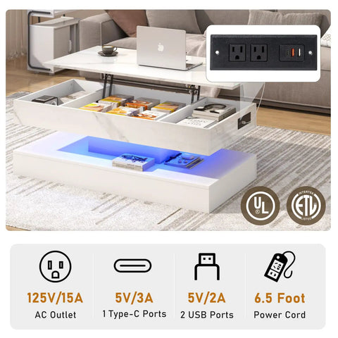 47.2 Inch Lift Top Coffee Table With LED Lights And Charging Station showcasing hidden storage and USB ports, modern white design