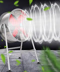 20 Inch Heavy Duty Floor Fan Crushes Sticky Heat With A Rugged Metal Drum Build, showing airflow design and red blades.