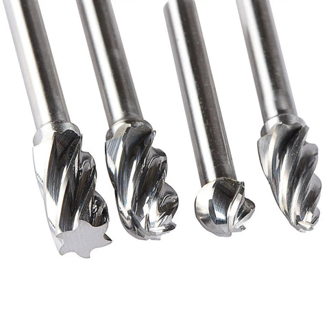 Carbide Rotary Burr Set For Aluminum And Nonferrous Metals, One Quarter Inch Shank, 4 Pack, tungsten tips shown
