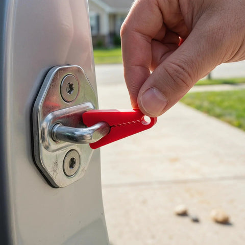 Hand placing Heavy Duty Silicone Car Door Lock Buffer Pads For Hella Quiet Drives And Zero Rattle on vehicle latch.