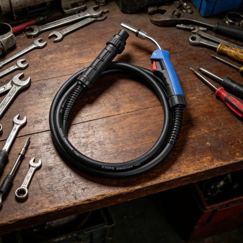 MIG Torch Assembly 24KD Replacement Part With Cable And Torch Head Ergonomic Handle Pro Grade Heavy Duty Build For Shop Fabrication Equipment Service And Maintenance Tasks on workbench