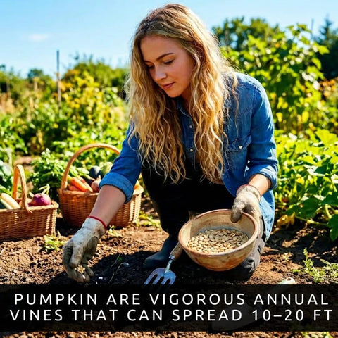 Woman planting Rainbow Pumpkin Patch Seeding Kit With 20 Mixed Seeds in outdoor garden with pumpkins in background