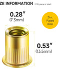 Two Hundred Pcs 10 32 Rivet Nuts Kit With Yellow Zinc Carbon Steel Flat Head Knurled Rivet Nut dimensions