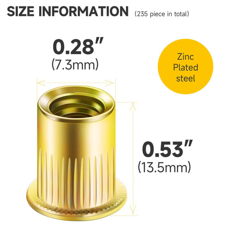 Two Hundred Pcs 10 32 Rivet Nuts Kit With Yellow Zinc Carbon Steel Flat Head Knurled Rivet Nut dimensions