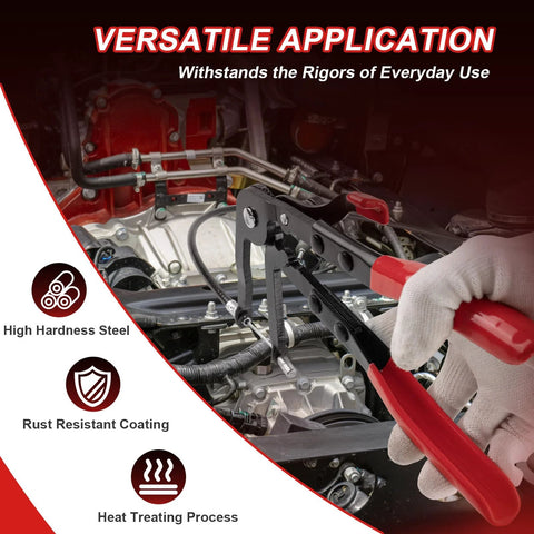 Red-handled 16-piece hose clamp pliers toolkit used to remove hose clamps in car engine bay