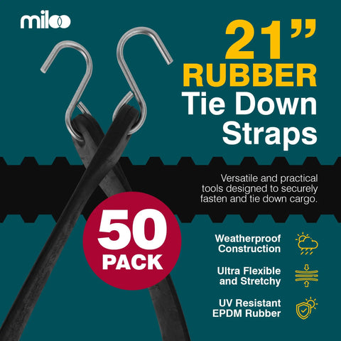 Heavy Duty EPDM Rubber Bungee Cords With Hooks 21 Inch Tarp Straps Pack Of 50 Made In USA Rugged Tie Downs For Securing Tarps Gear And More Built To Stretch And Weather Tough Ideal For Outdoor Use displayed with text and icons