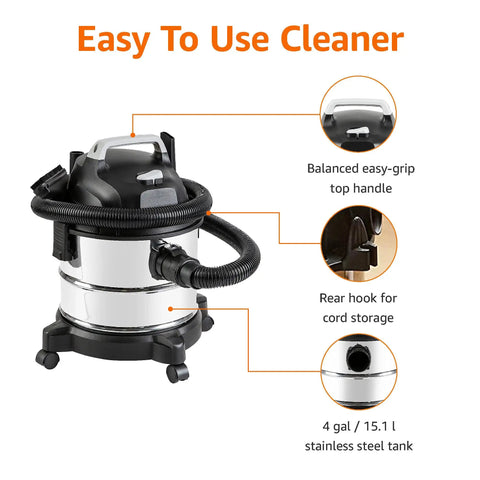 Heavy Duty Wet Dry Vacuum Cleaner For Home, Garage, Or Job Site Use, 4 Gallon Stainless Steel Tank, 3 HP Power, illustrated features