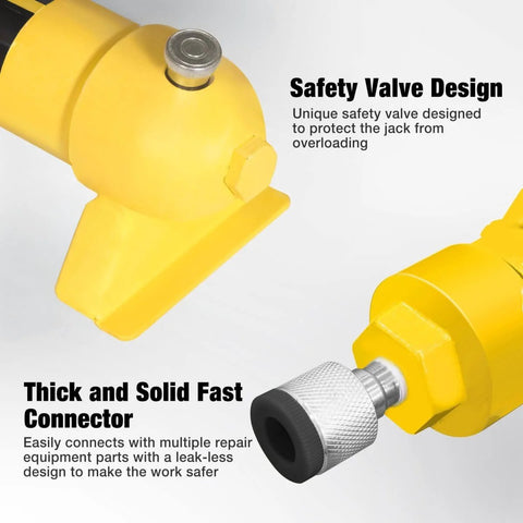 Close-up of 4 Ton Hydraulic Porta Power Kit Pusher Puller Ram Jack with safety valve design and solid fast connector in yellow.