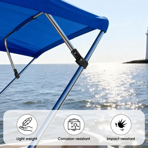 Bimini Top Hardware Kit For 7/8 Inch Tubing With 12 Pieces Eye End Caps Jaw Slides And Deck Hinges marine grade nylon installed on blue boat top