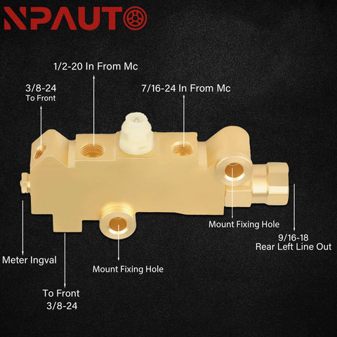 NP Auto brass brake proportioning valve for disc/drum brakes; side view showing front and rear port fittings.