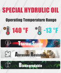 Special hydraulic oil features thermal stability, abrasion resistance, and biodegradability with a temperature range from -13°F to 140°F.