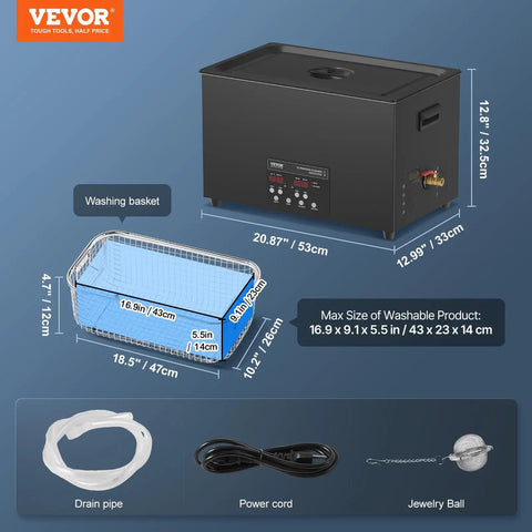 30L Ultrasonic Cleaning Machine 600W Digital Cleaner With Degassing And Gentle Mode 40kHz showing components and dimensions.