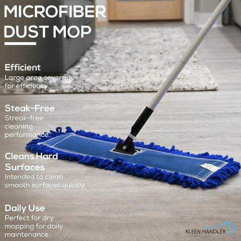 Grab These 24 Inch Microfiber Dust Mop Head Replacements In A Smooth Medium Build As A Heavy Duty 3 Pack That Sweeps The Grit Clean Fast So You Can Kick Back And Relax on smooth floor with blue mop head.
