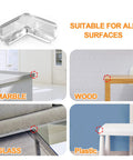 Baby Proofing Corner Guards Set, 16 Pack Clear Edge Bumpers For Tables And Furniture, shown on marble, wood, glass, and plastic surfaces