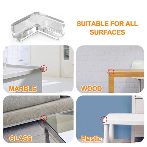 Baby Proofing Corner Guards Set, 16 Pack Clear Edge Bumpers For Tables And Furniture, shown on marble, wood, glass, and plastic surfaces