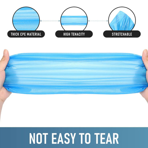 Hands stretching thick blue CPE shoe cover, showcasing durability and non-tear quality of Disposable Non Slip Shoe Covers Pack Of 100 For Indoor Use.