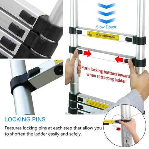 Detail of the 8.5 Ft Telescoping Aluminum Ladder showing locking pins and safe retraction features