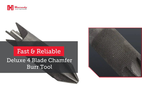 Hornady Deluxe 4-Blade Chamfer And Deburring Tool with knurled handle for precise case prep and smooth edge chamfering.